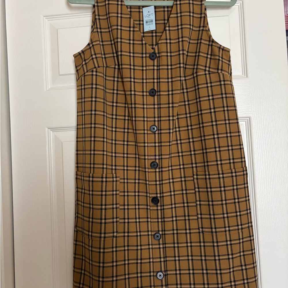 LOFT Tan & Mustard Plaid Button-Down Vest Dress
